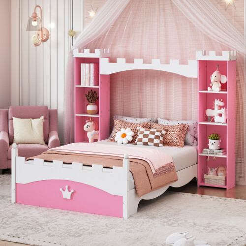 Castle-Shaped Platform Bed with Storage Shelves Both Side Wooden Bed Frames Twin