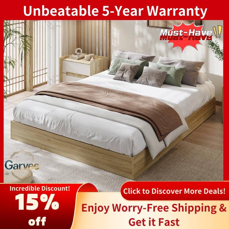 Wooden Bed Frame Queen No Headboard Burlywood Platform Wood Slat Easy Assembly