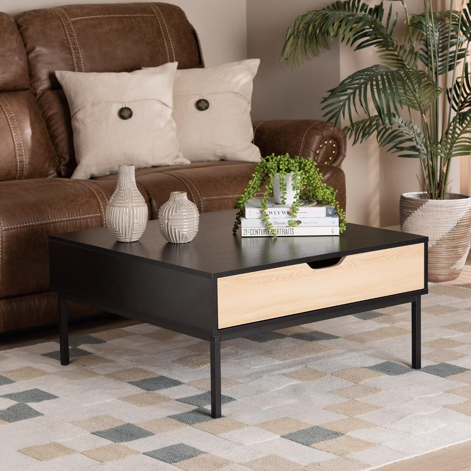 Modern Two-Tone Oak Brown and Black Wood Coffee Table for Stylish Living Rooms
