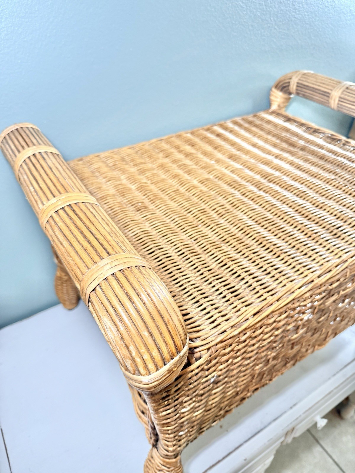 Vintage Rattan Wicker Ottoman Footstool Bench Boho Coastal Decor Stool