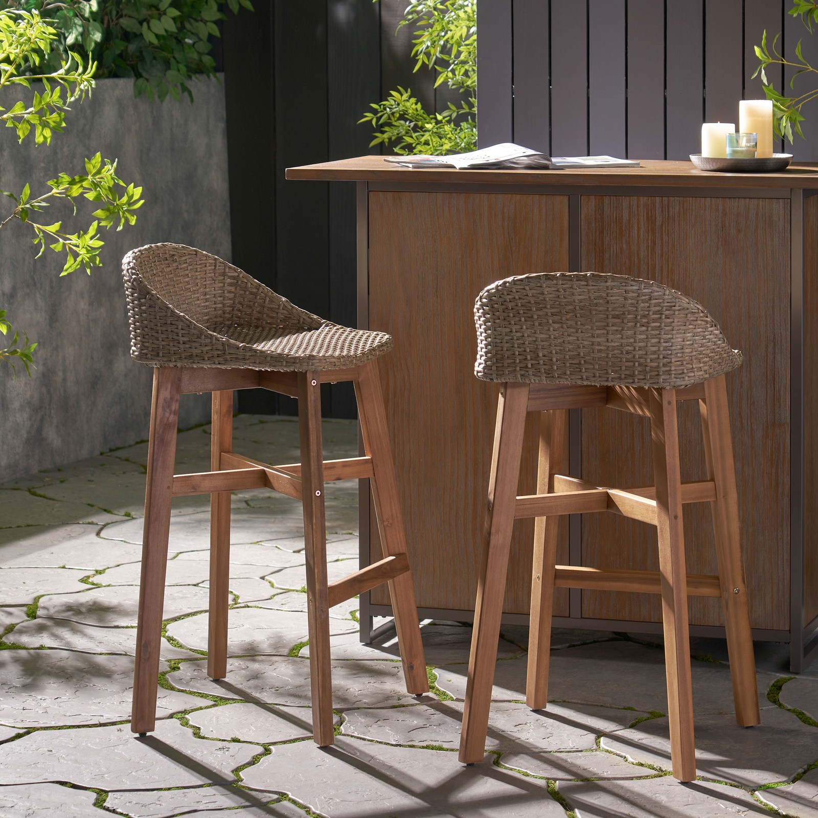 Acacia Wood Barstool Set of 2, Brown Polyethylene Rattan, 37.5″ H