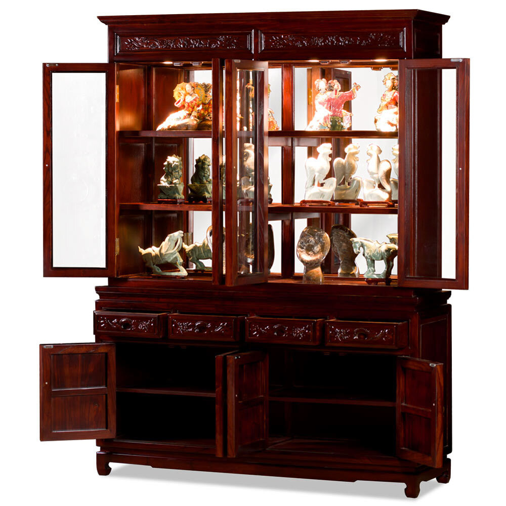 US Seller – Dark Cherry Elmwood Dragon Oriental China Cabinet
