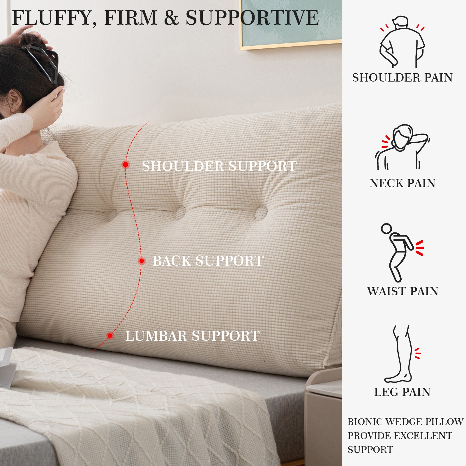 Headboard Pillow for Dorm Bed Overstuffed Backrest Cushion w/Side Pocket 39″-79″