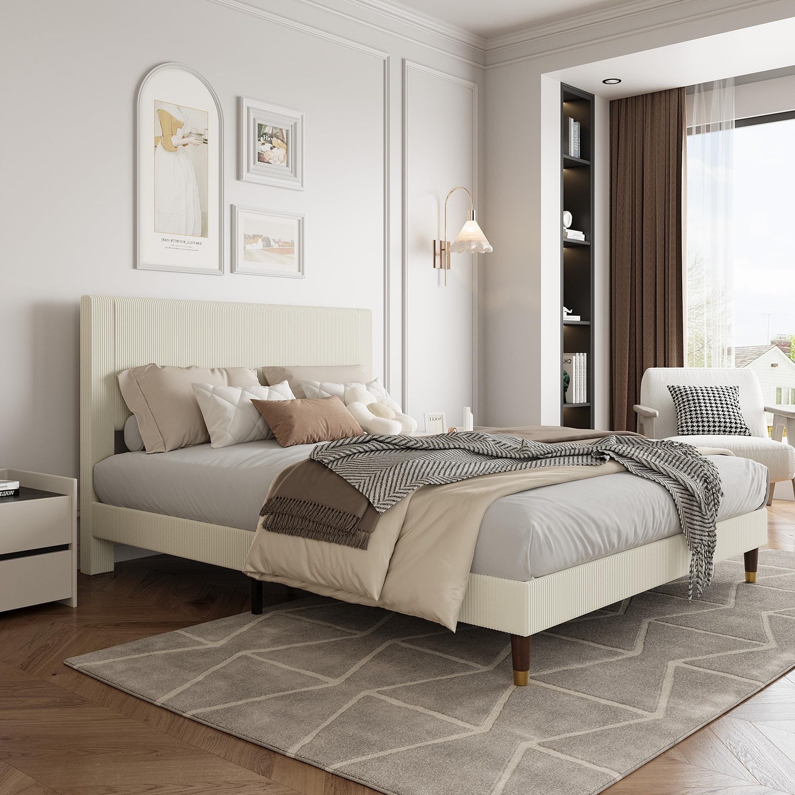 Upholstered Full Size Bed Frame Platform w/Fabric Headboard Wooden Slat 3 Colour