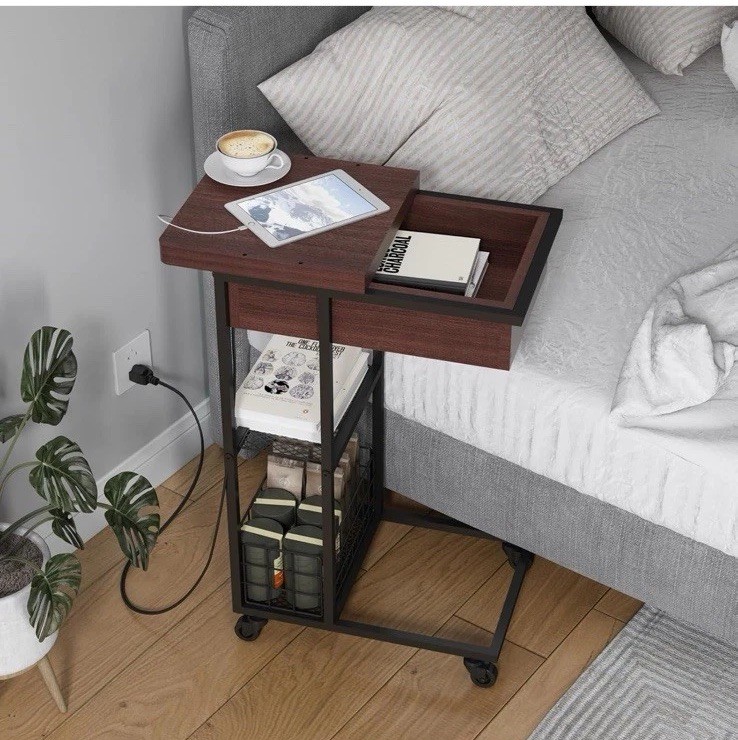 Rolling Side Table w/ Wheels & Storage Basket, Brown/Black 28.9in charging port