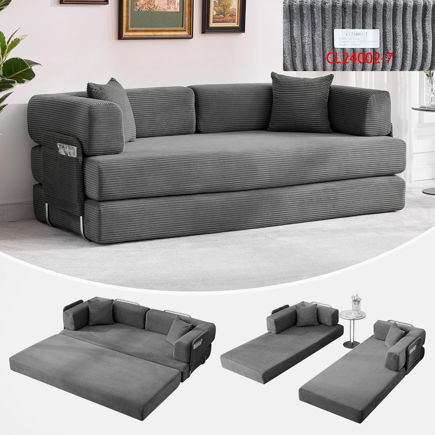 Folding 78.8″ Convertible Sleeper Sofa Bed w/ Fixed-Shape Frame Corduroy Fabric