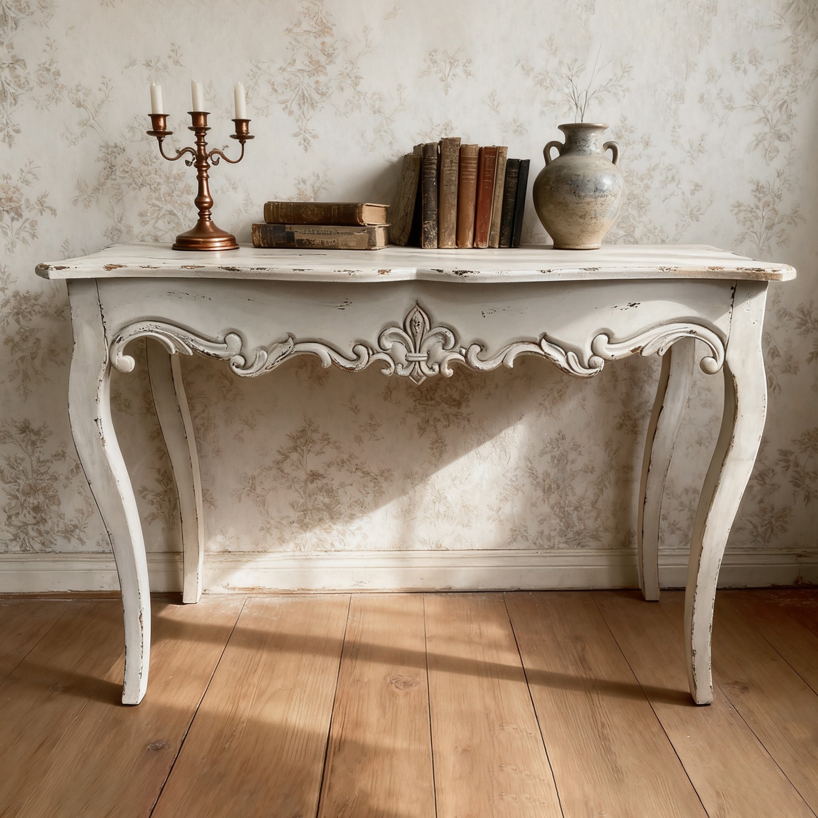 Distressed Console Table 44″ Decorative Foyer Table w/Wood Carvings &Curved Legs