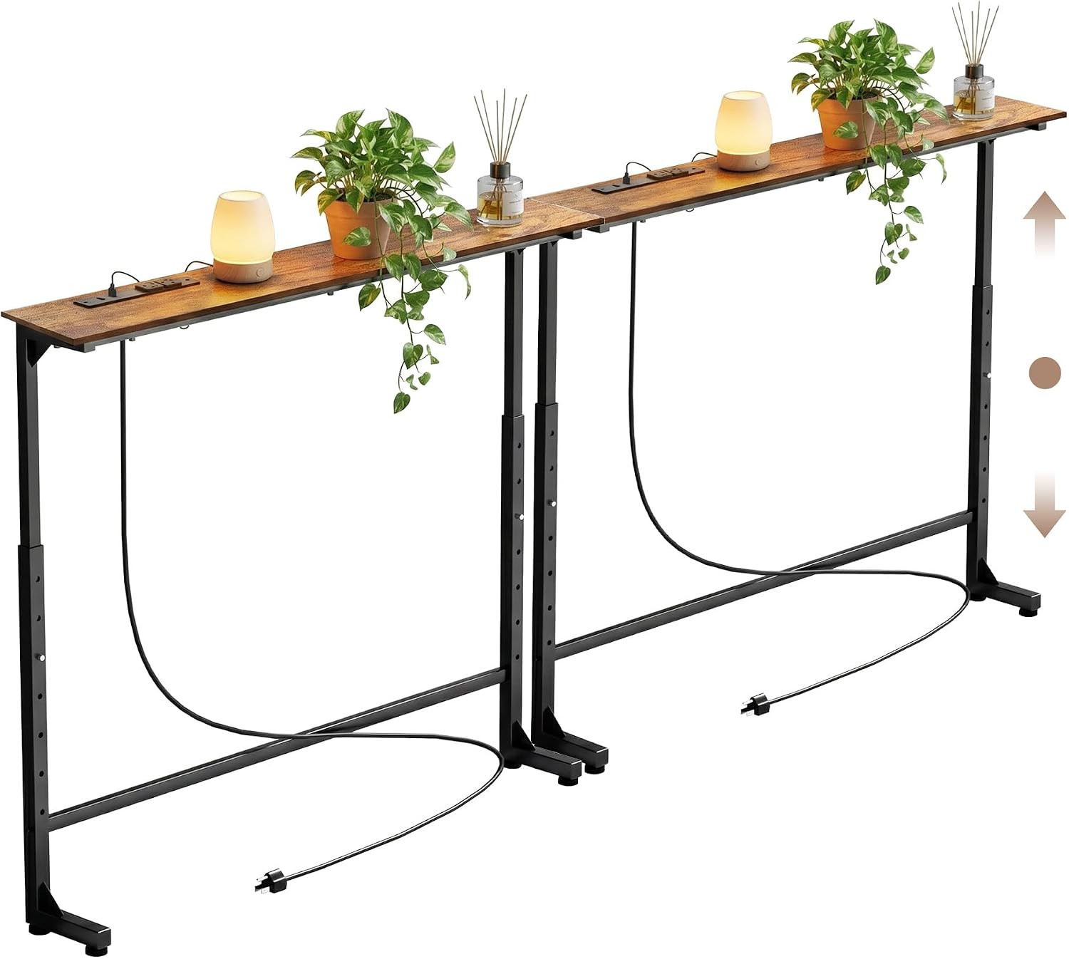 Adjustable Height Narrow Sofa Table with Built-In Power Outlets, 70″ Long Consol