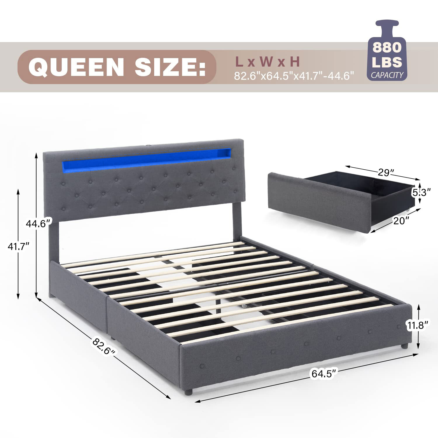 Modern Upholstered Platform Bed Frame with LED Light Storage Headboard 4 Drawer