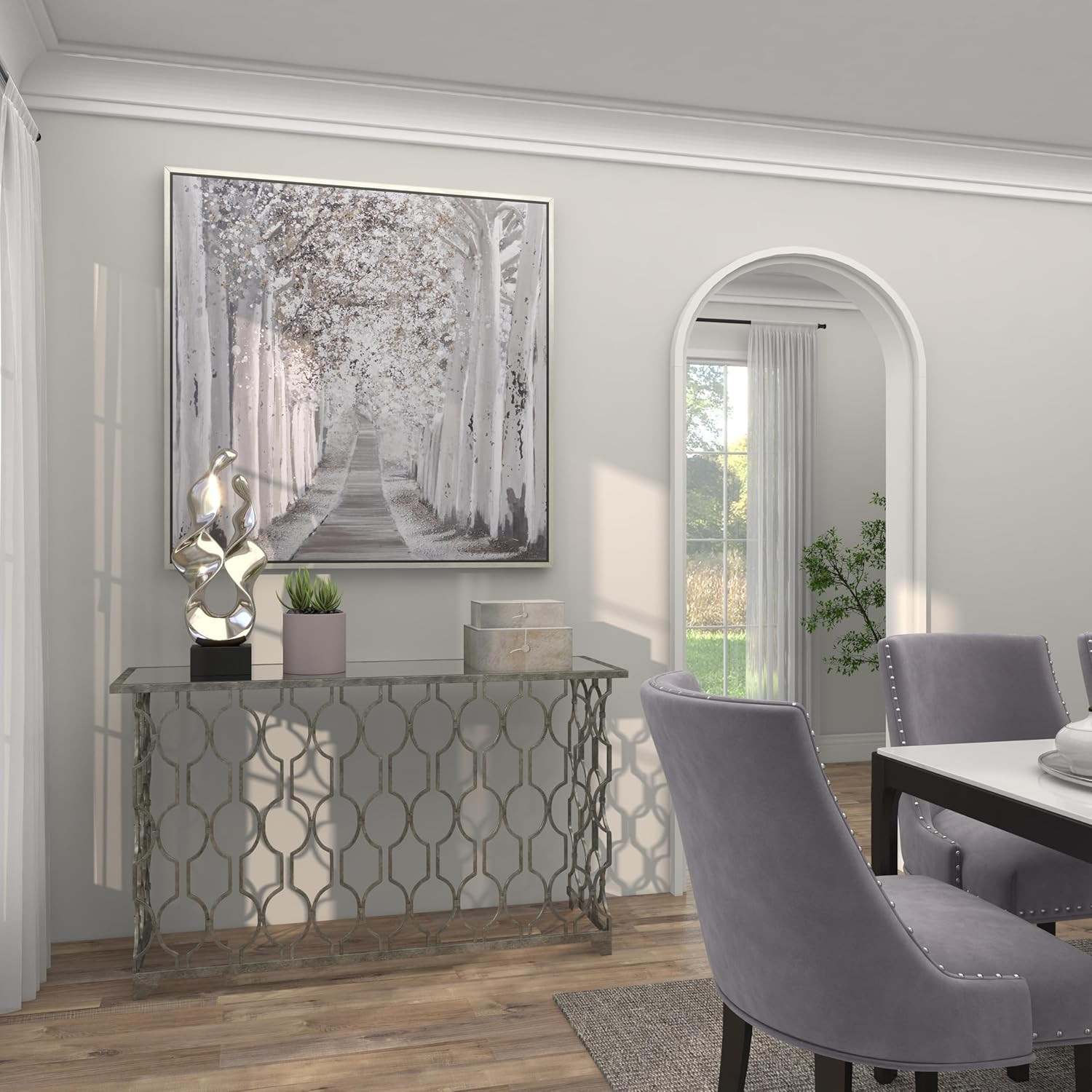 Stylish Silver Metal Geometric Console Table with Mirrored Glass Top, 55