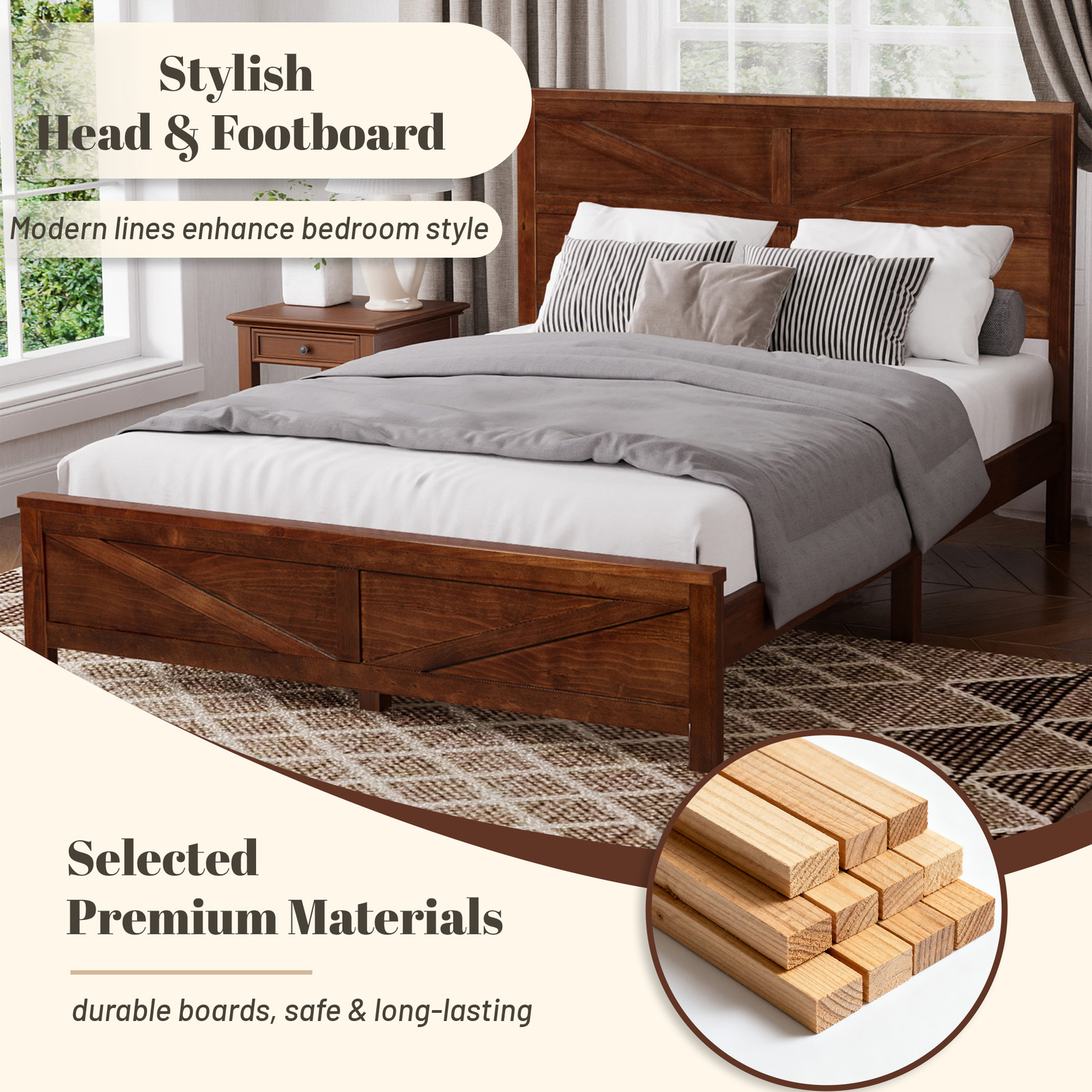 Rustic Queen Size Bed Frame With Barn Door Headboard Pinewood Bed Frame Walnut