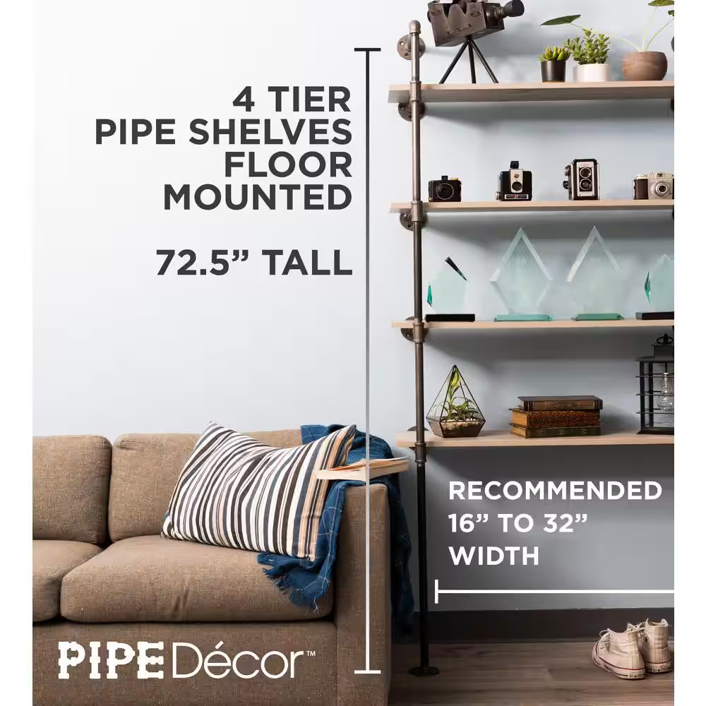 1/2 In. Black Steel Pipe 11.75 In. D X 72.5 In. H Floor Mounted 4-Tier Shelf Kit