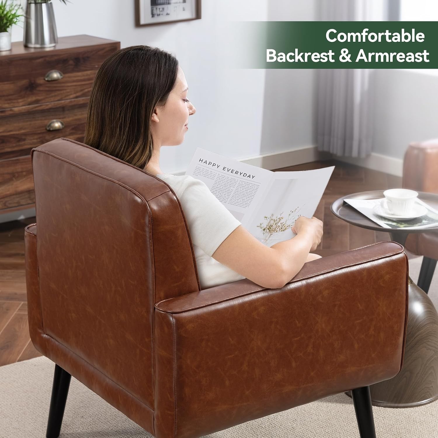 Mid Century Accent Chair PU Leather Modern Chair W/ Wooden Frame Cozy Armchair