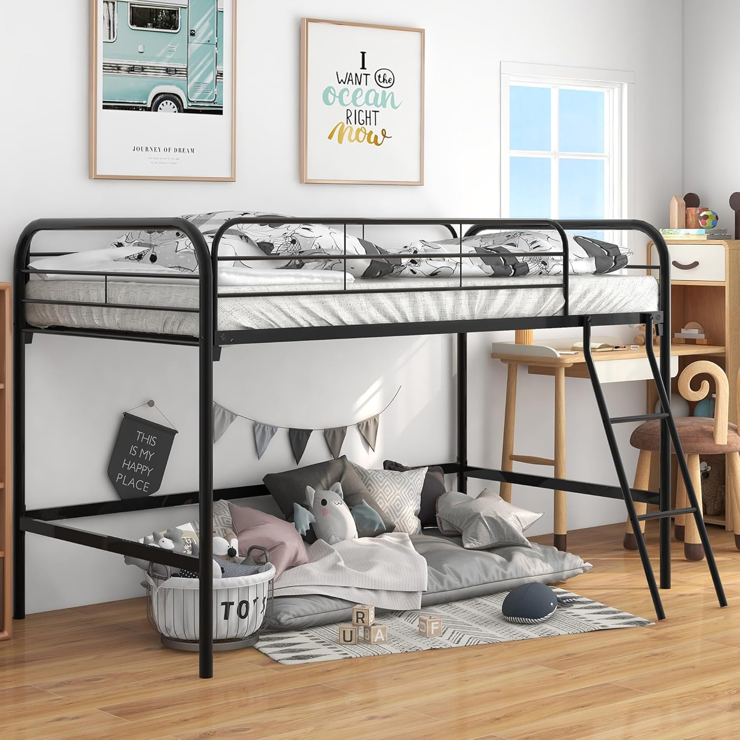 Twin Low Loft Bed with Inclined Ladder – Space Saving Metal Frame for Kids
