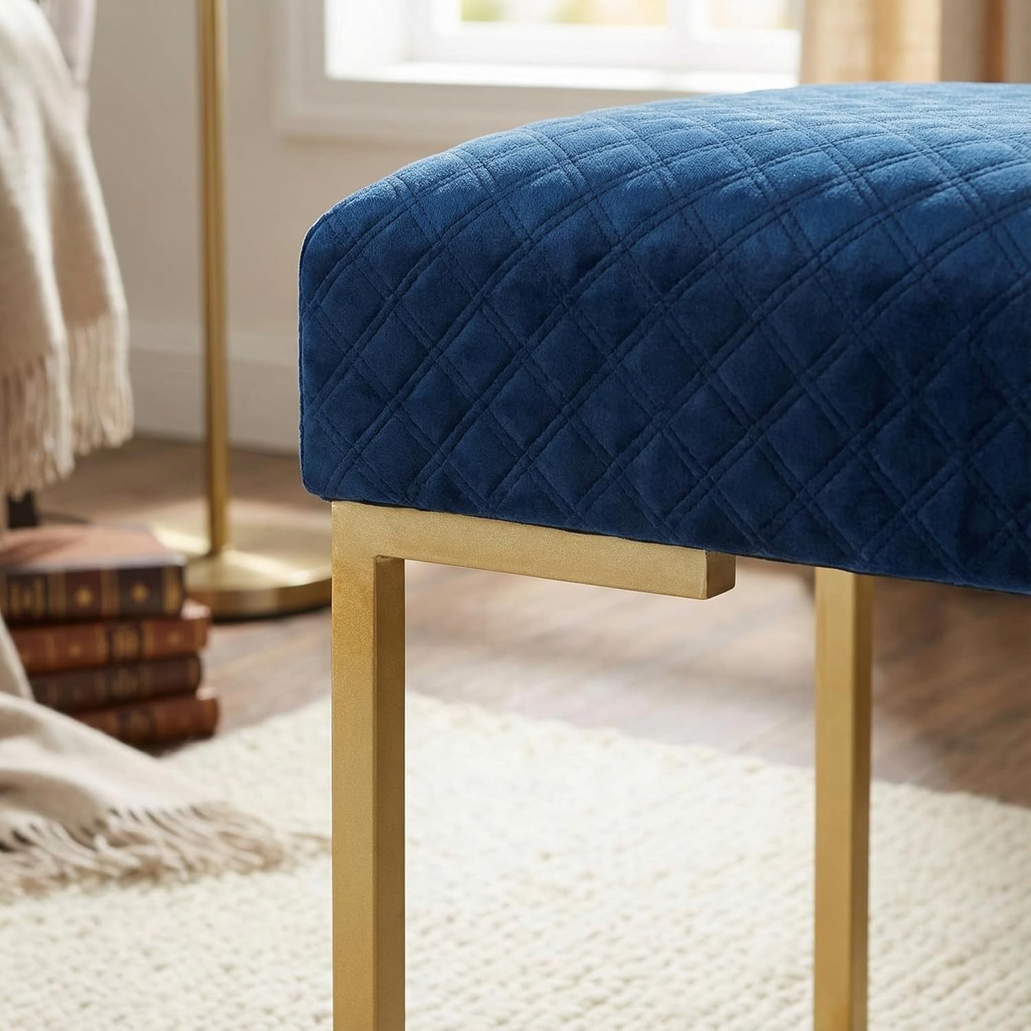 Cortesi Home Allium Ottoman with Painted Gold Legs, 19 Wide, Blue Velvet
