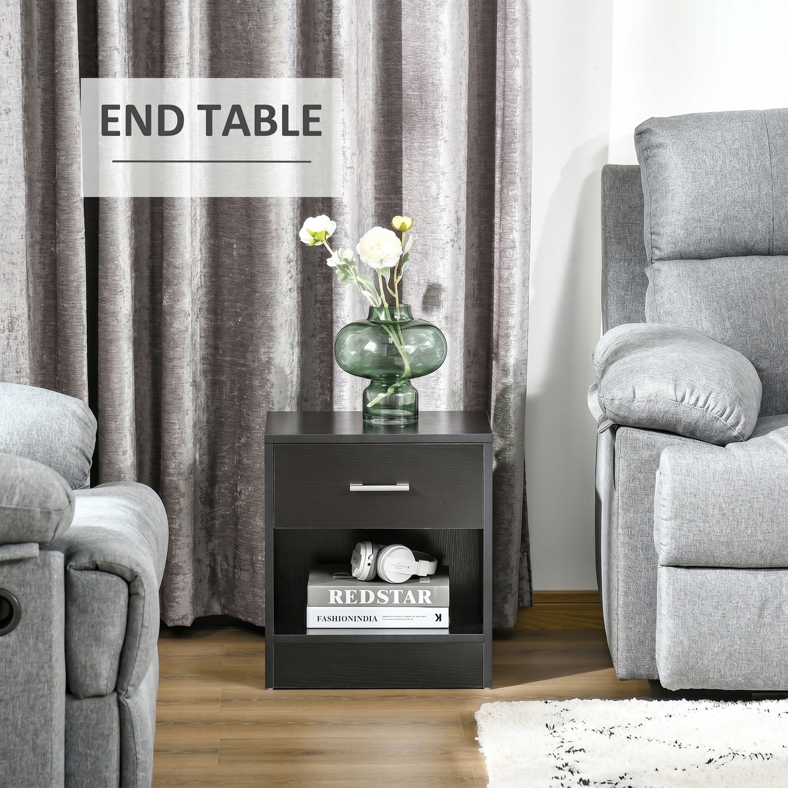 Modern End Table with Drawer and Shelf, Black Wood Grain