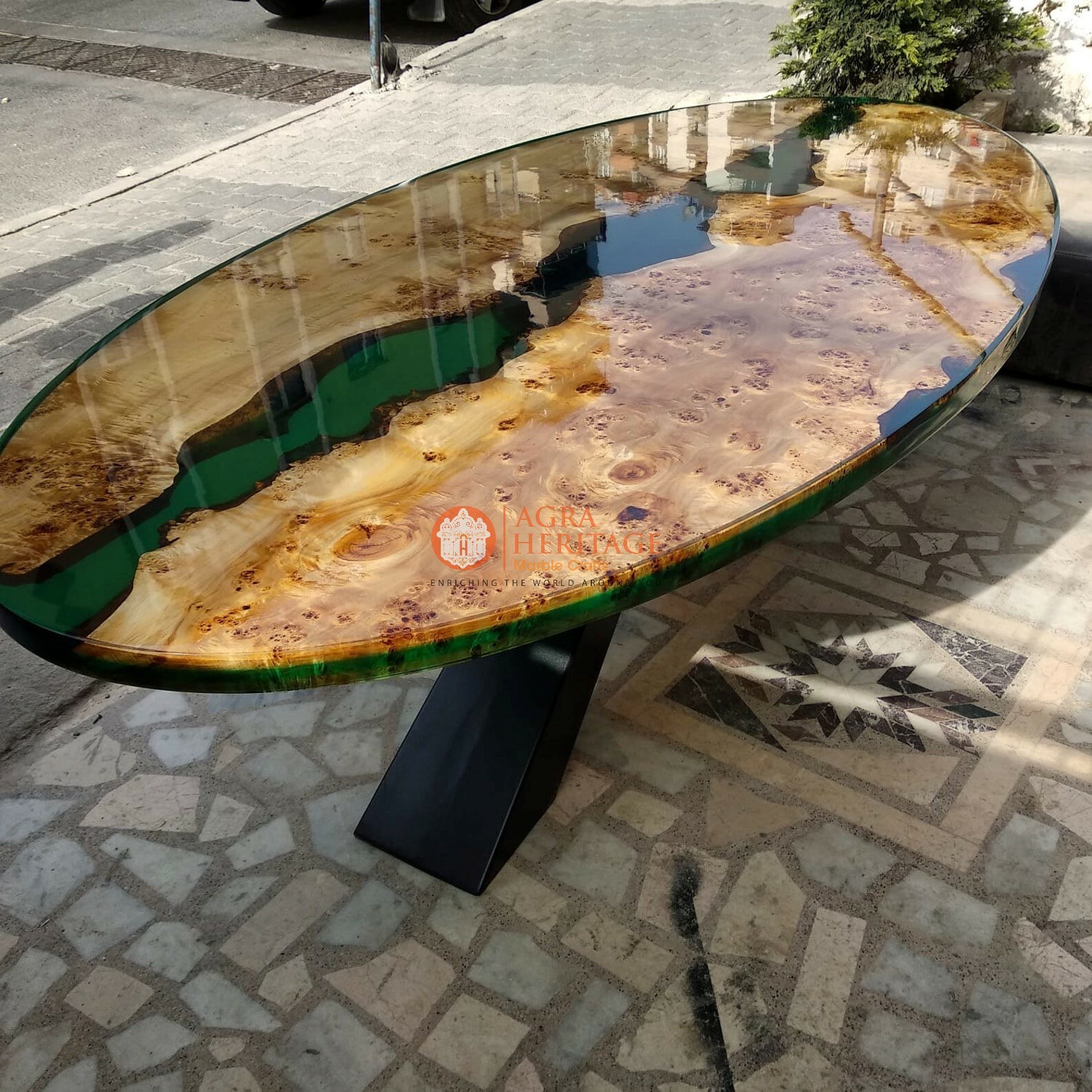 Deep Green Resin Oval Dining Counter Sofa Table Acacia wood Epoxy Furniture Deco