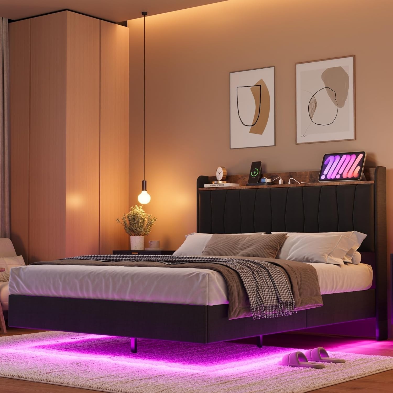 King Floating Bed Frame with LED Lights & Charging Station, Upholstered Platform