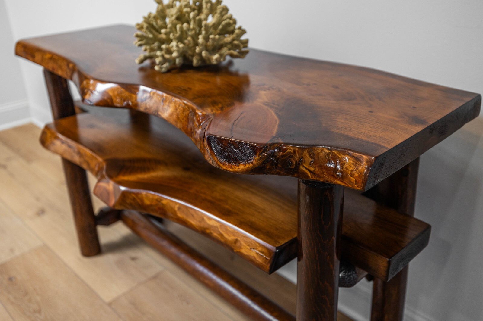 Southern Rustic Logwerks Log Console Table with Shelf Live Edge