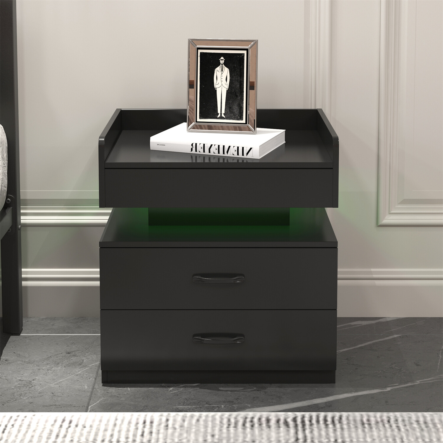 LED Nightstand Bedside Table End Table Side Table w/ 2 Drawers White/Gray/Black