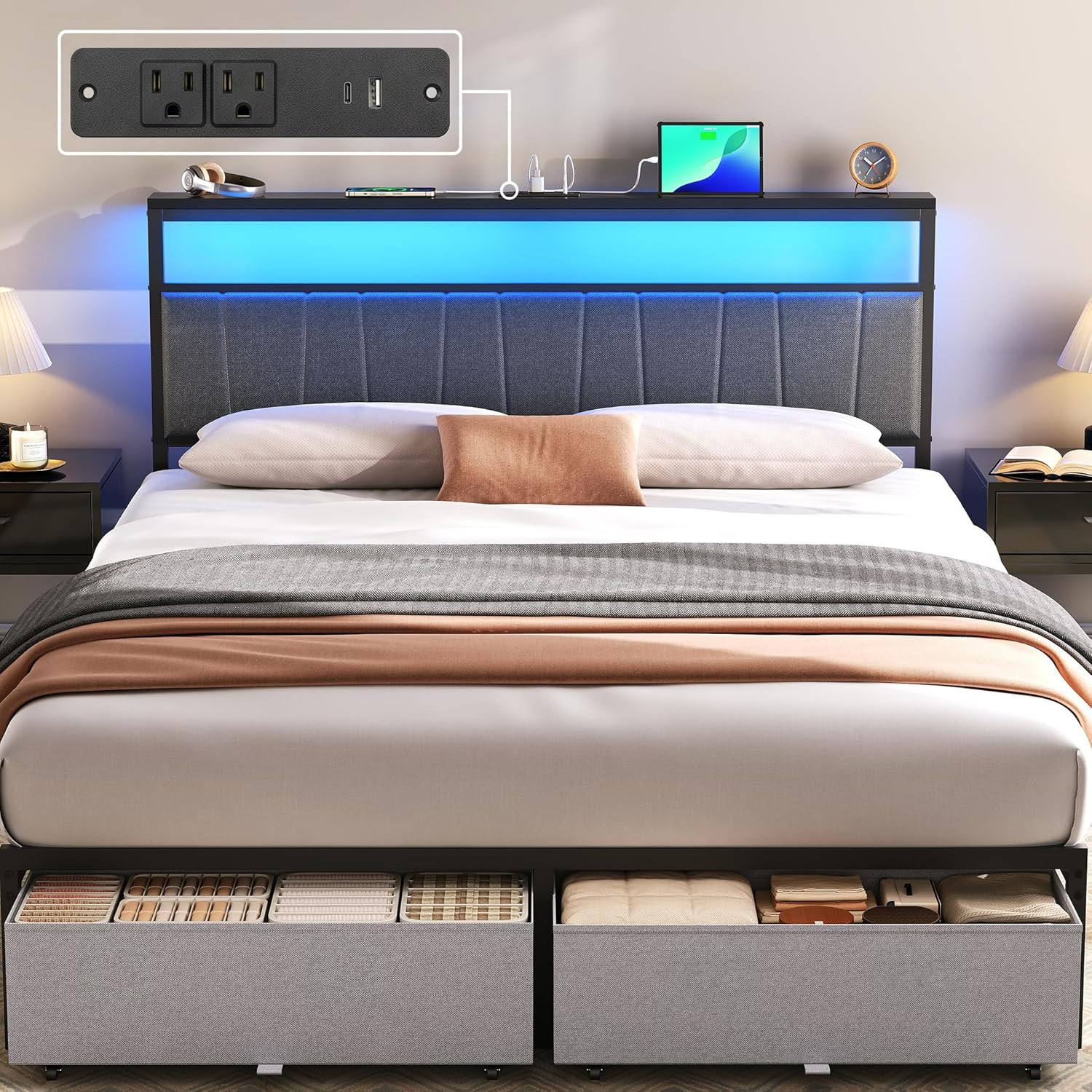 Queen Bed Frame with Storage Drawers and Charging Station, Grey | Upholstered Pl