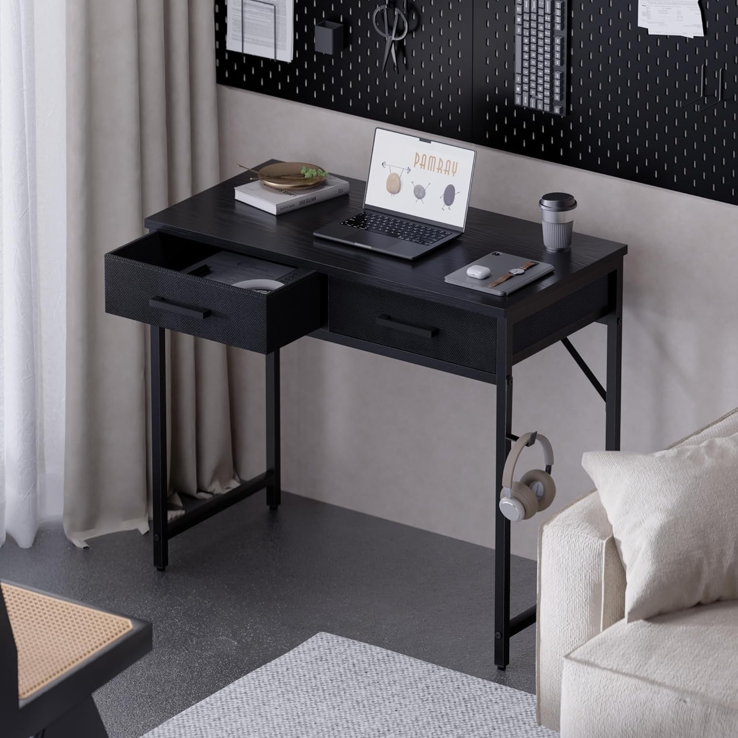 Small Computer Desk with 2 Drawers for Bedroom Study Home Office Black