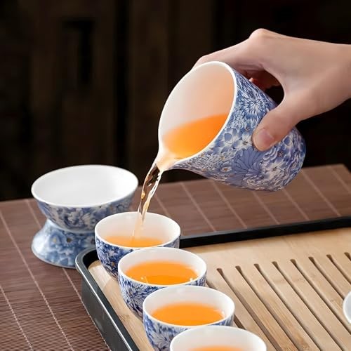 14-Piece Portable Gongfu Set—Yangzhi Jade Porcelain Gaiwan Kit—Dark Blue