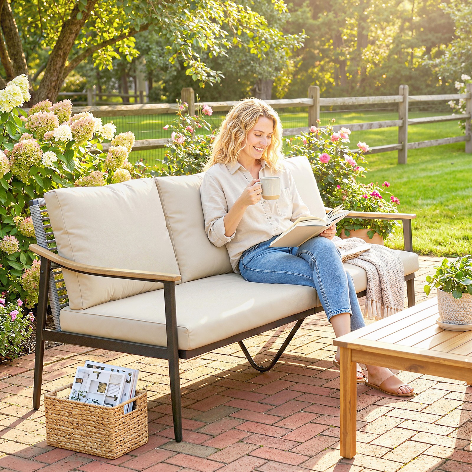 Outsunny 3 Seater Outdoor Couch Patio Sofa with Cushions, Khaki