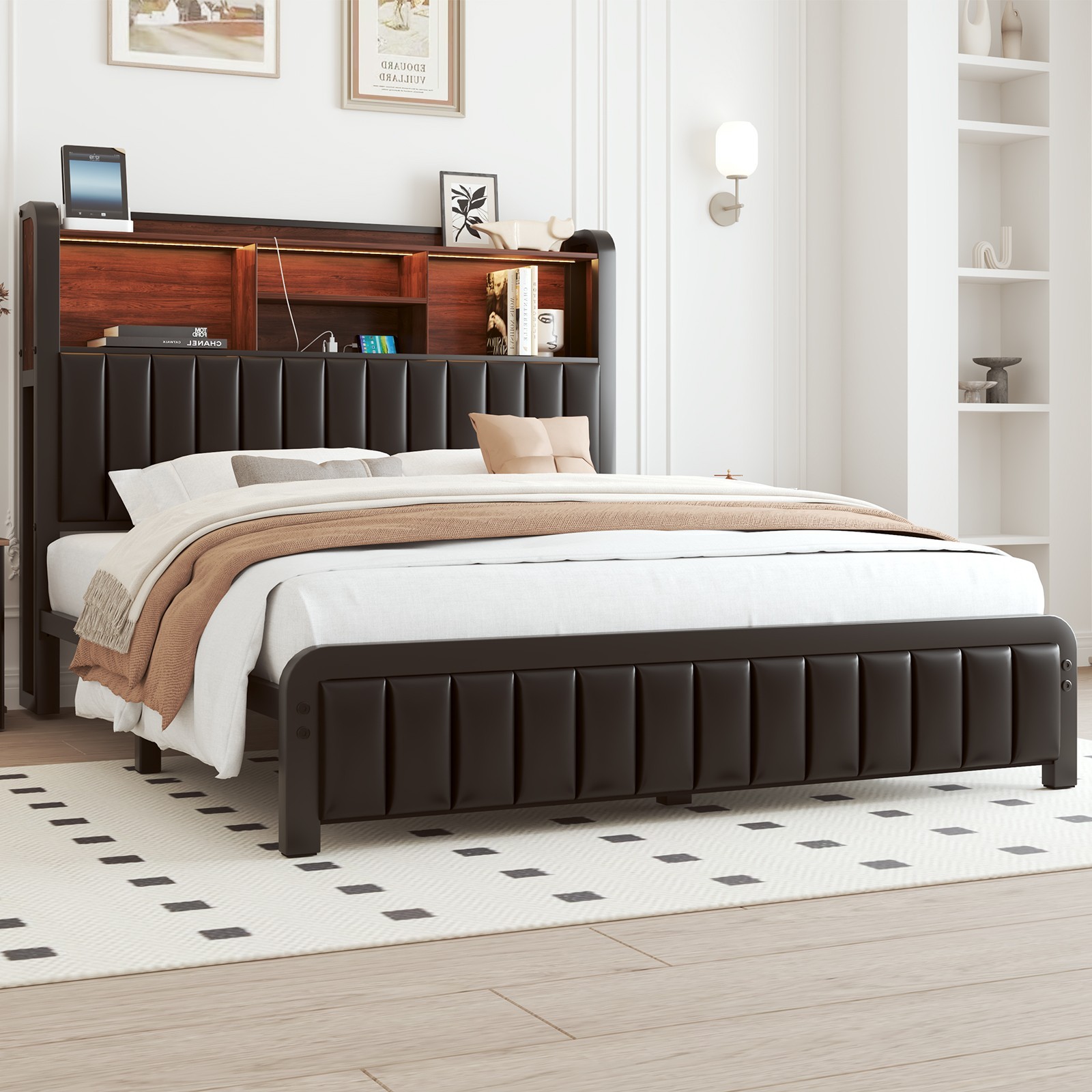 Full Queen Size Metal Bed Frame with LED and Storage Charging Headboard