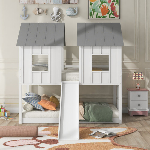 Wood House Bed w/ Slide Twin Over Twin Bunk Bed Platform Bed Frames Bedroom Sets