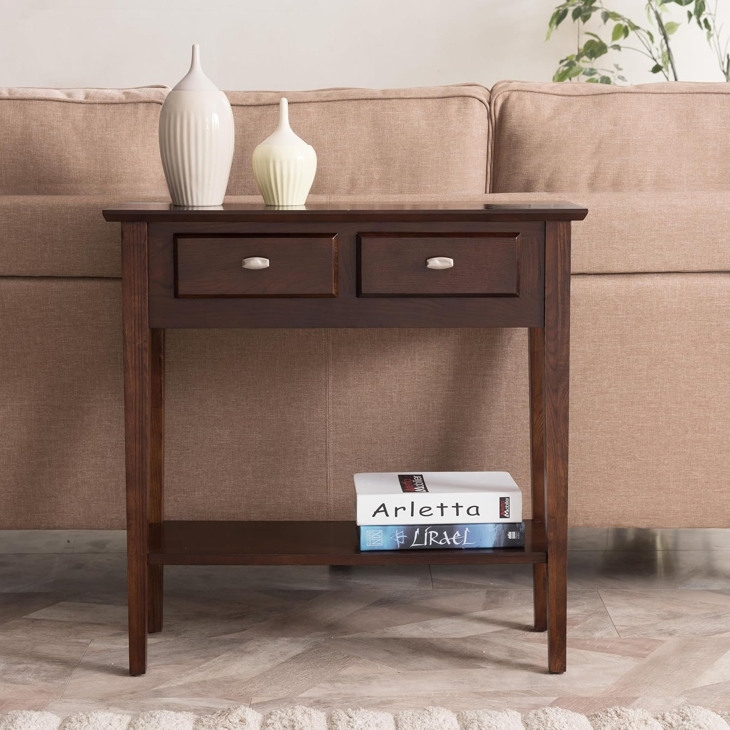 10075-CH Two Drawer Sofa Table Hall Console with Shelf, Chocolate Oak, 11 in X 3