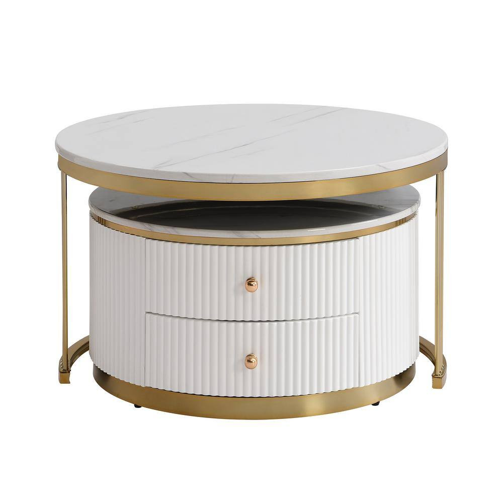 Modern 27.6 In. White and Gold Wood Nesting End Table Coffee Table with Drawers
