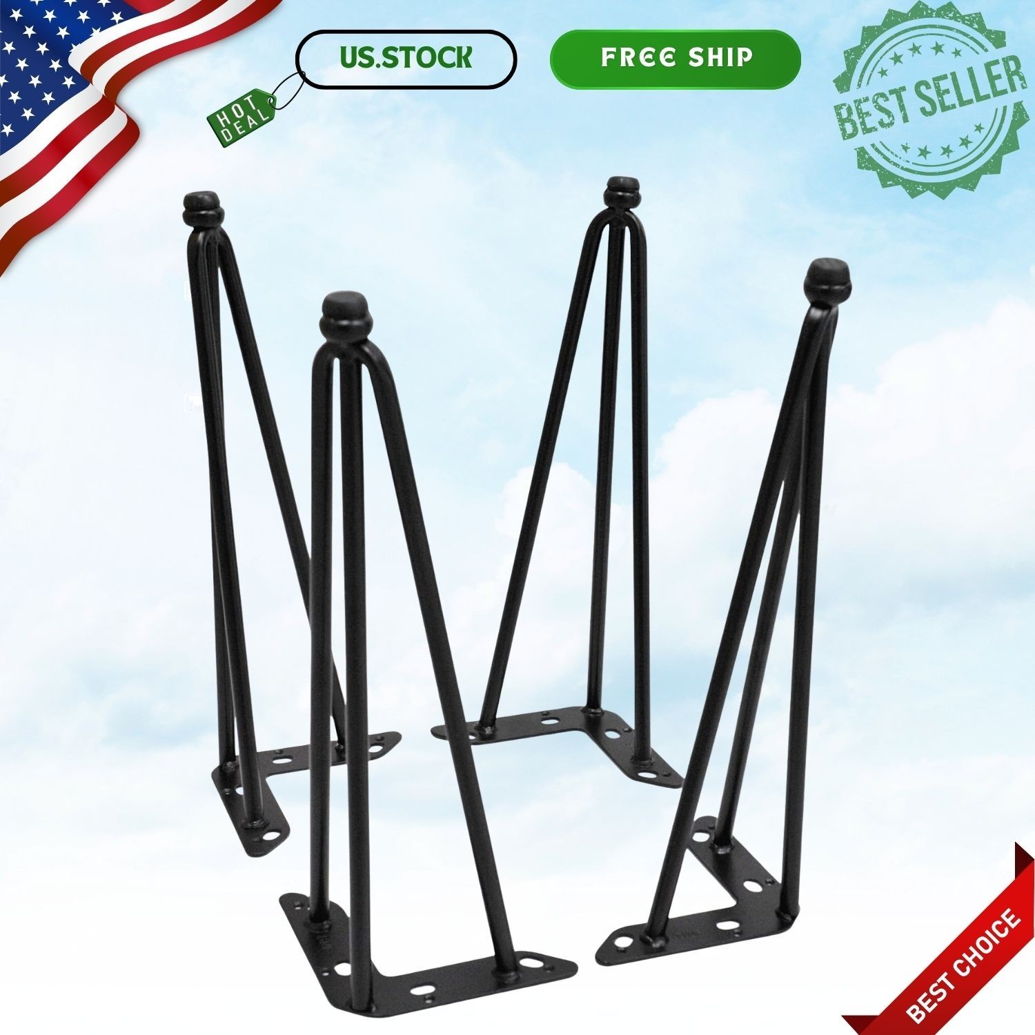 15in Black Hairpin Table Legs Set of 4 Heavy Duty Metal Adjustable Feet