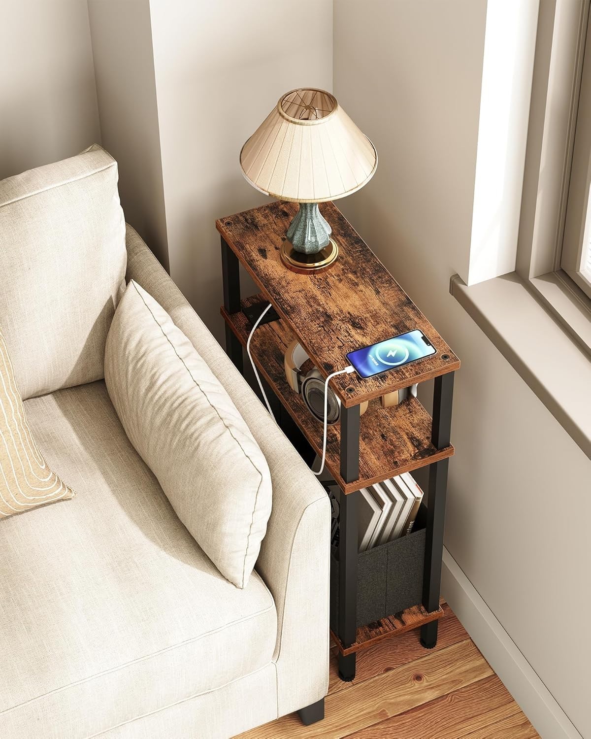 CHOEZON Small Narrow Side Table with Charging Station, Skinny End Table with …