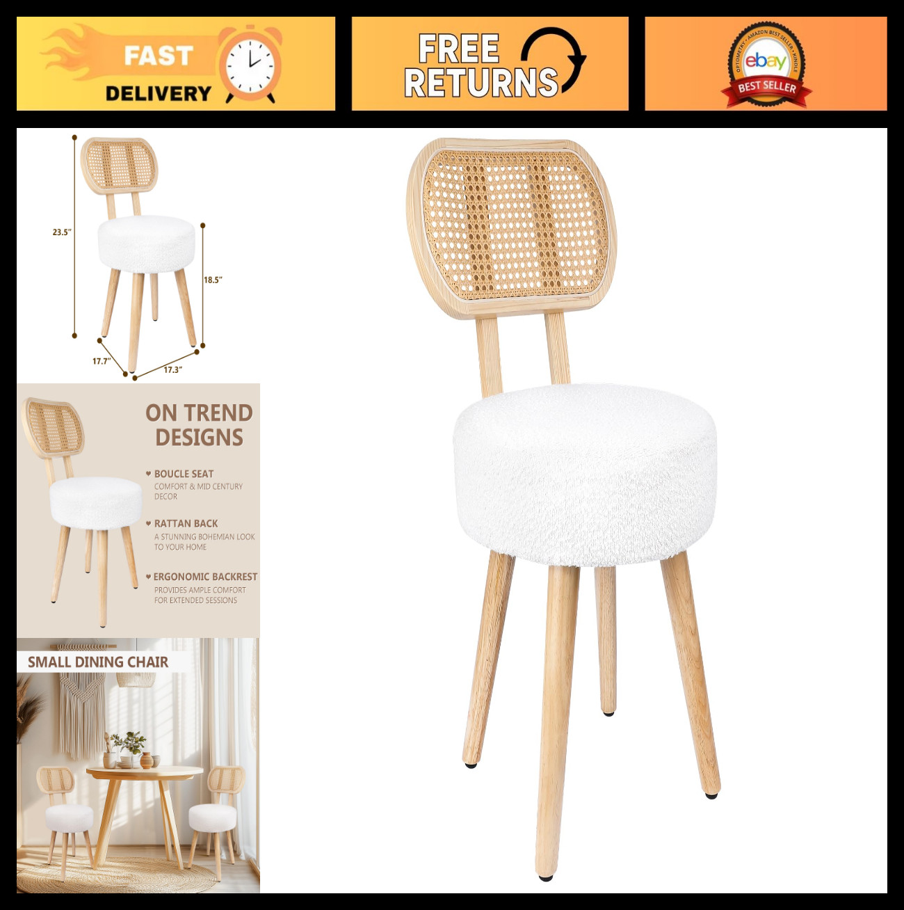Stylish Rattan Dining Chair, Mid Century Modern Upholstered Accent Chair, Boho D