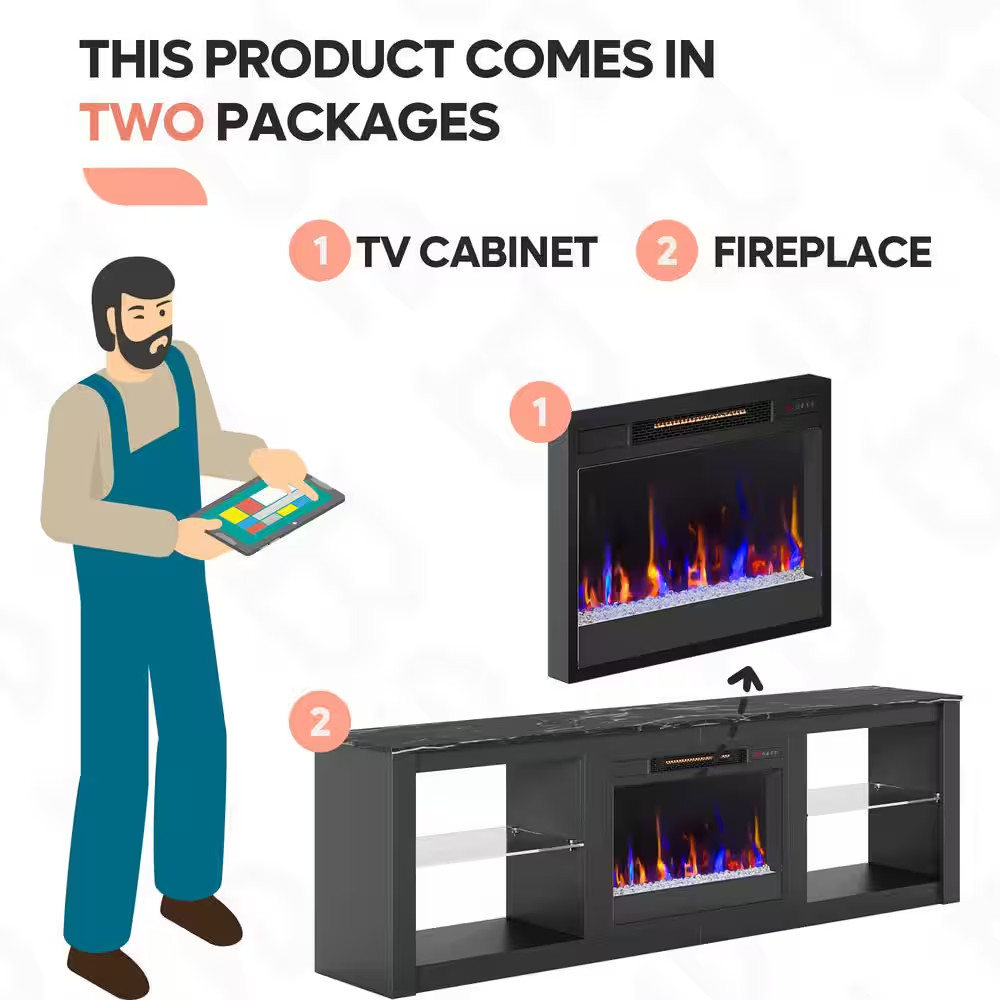 70.8 In. Black TV Stand with Fireplace Fits Tvs up to 75 In. LED Entertainment C