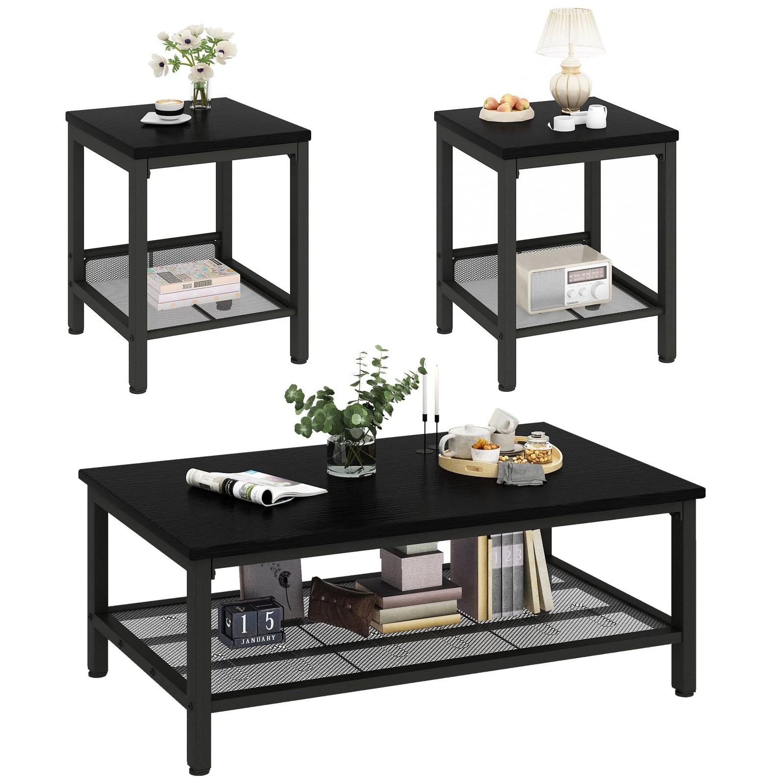 Black Industrial Coffee Table Set With 2 Square End Tables Metal Frame