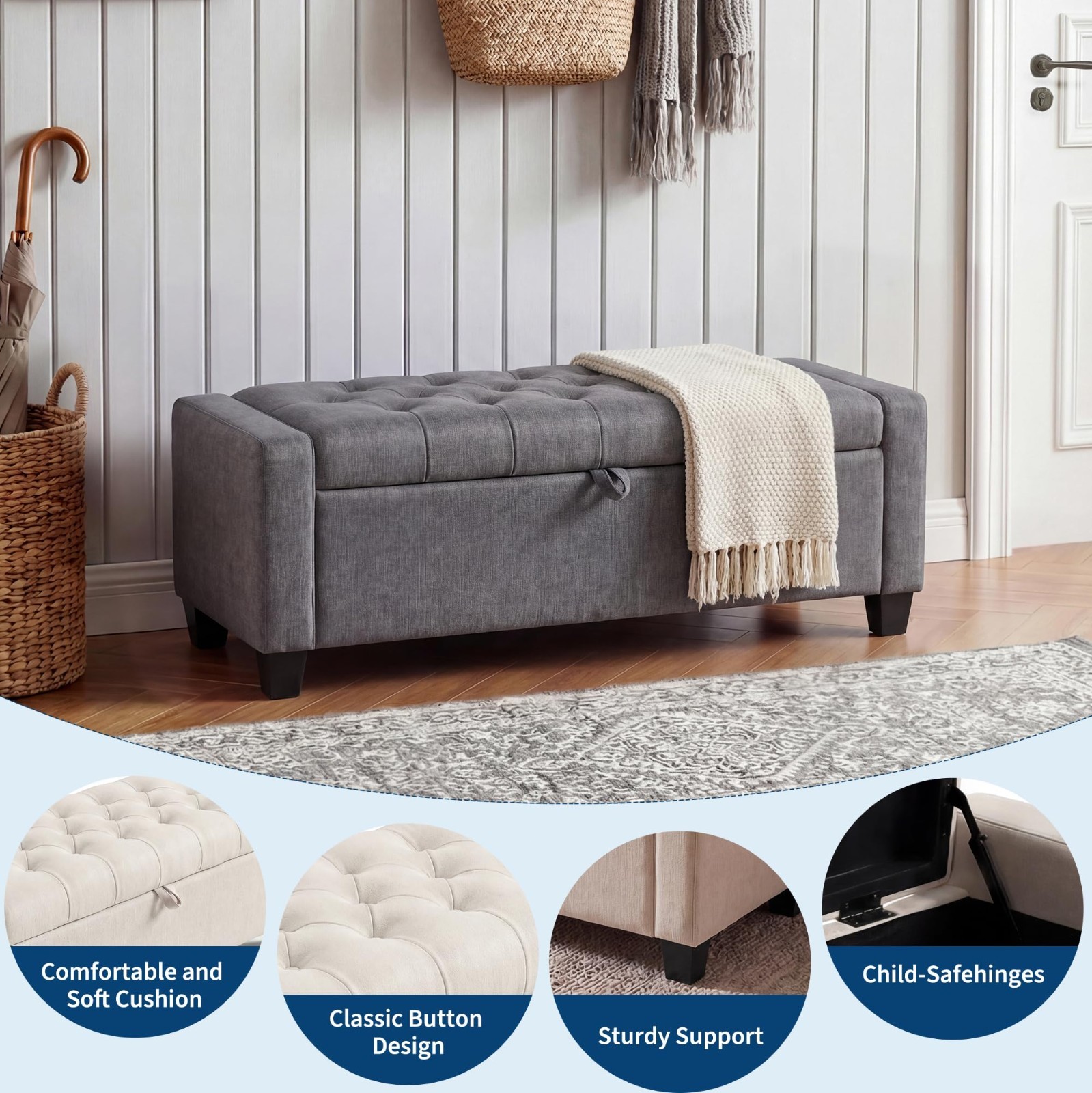 51″ Storage Ottoman Bench, Upholstered End of Bed Bench for Bedroom Gray