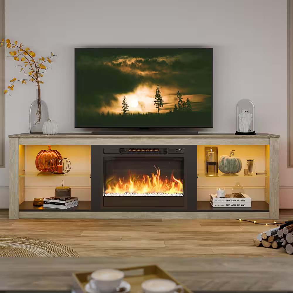 70.8 In. Light Grey TV Stand with Fireplace Fits Tvs up to 75 In. LED Enterta…