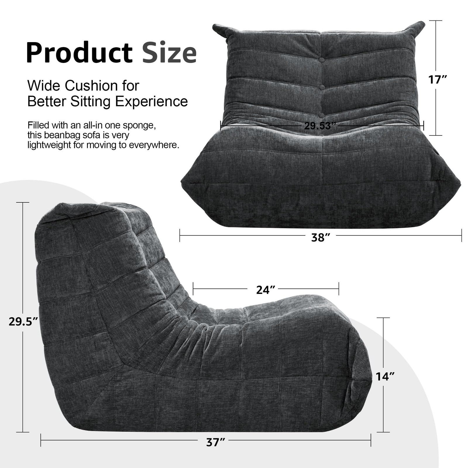 Bean Bag Chairs for Adults Giant Chair Single, Darkgrey Chenille