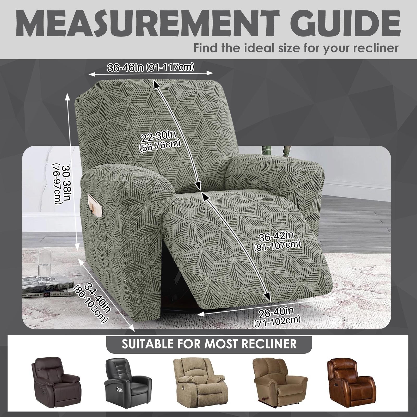 1-Seat Recliner Sofa Cover, Geometric Jacquard Non-Slip Reclining Couch Cover