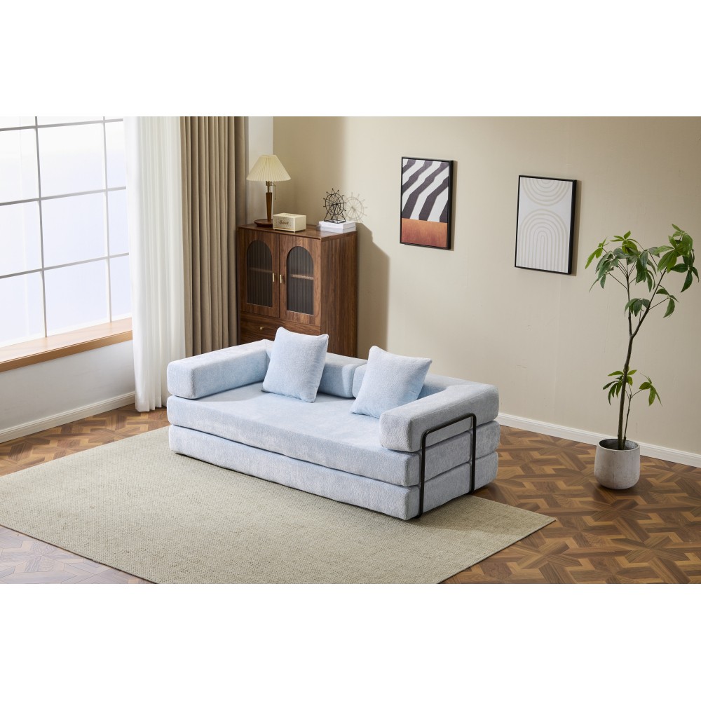 76″ Convertible Floor Sofa Bed, Light Blue Chenille, Pillow Back Armrest