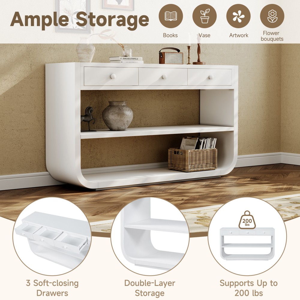 Modern Curved Console Table with 3 Soft-Close Drawers & 2 Open Shelves