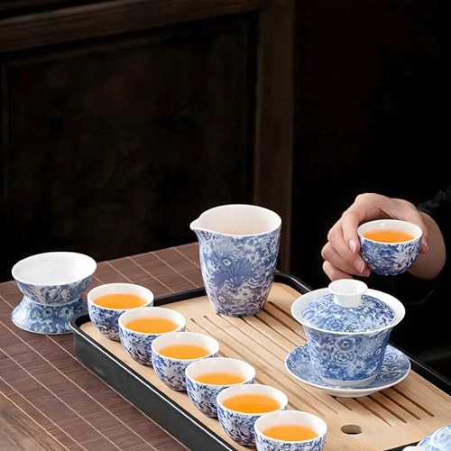 14-Piece Portable Gongfu Set—Yangzhi Jade Porcelain Gaiwan Kit—Dark Blue