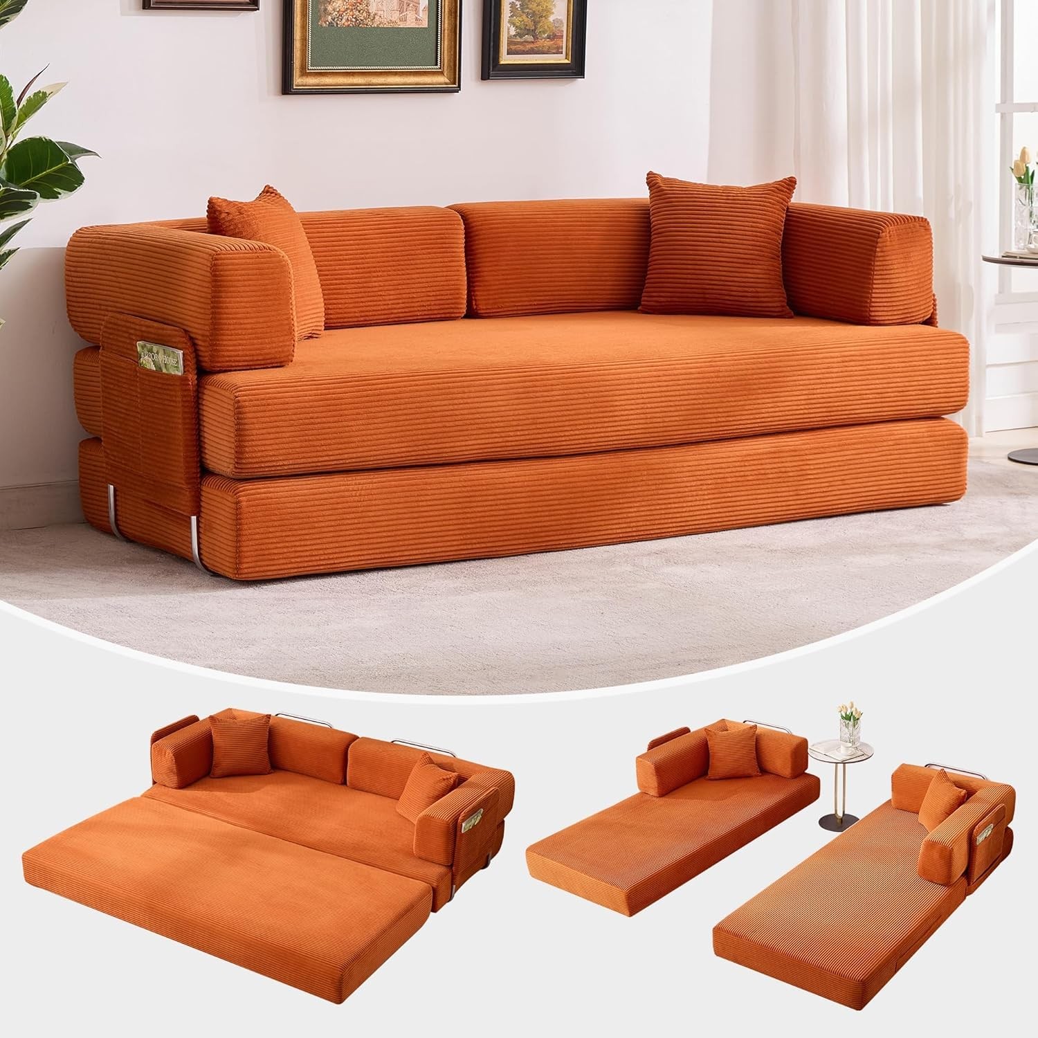 Folding 78.8″ Convertible Sleeper Sofa Bed w/ Fixed-Shape Frame Corduroy Fabric