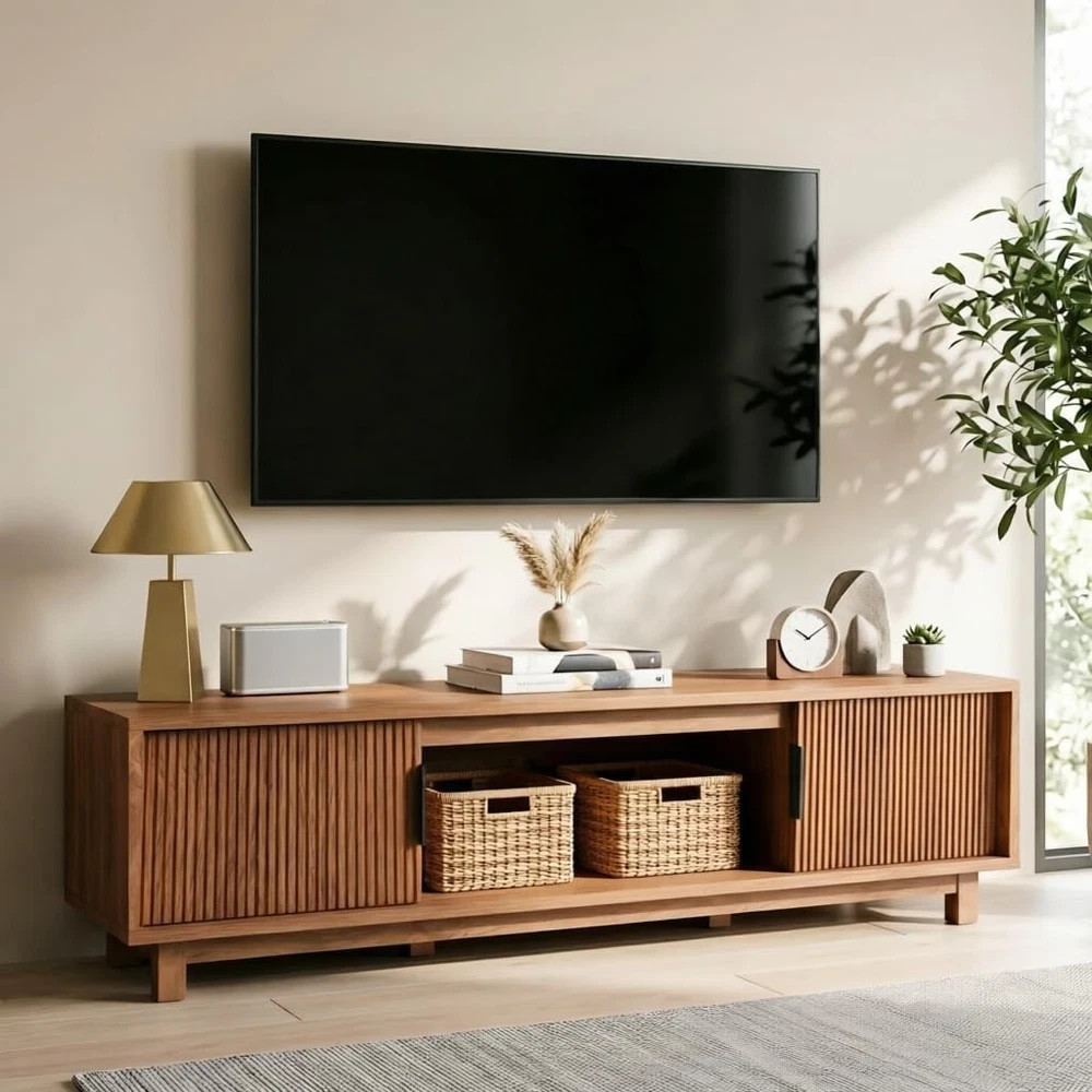 Mid Century Modern 70″ Fluted TV Stand with Storage for 65-80 Inch TVs
