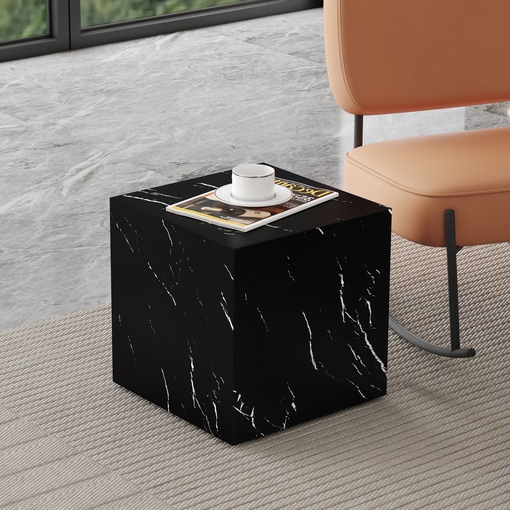 Modern Black Cube Coffee Table 15.7in, MDF Marble Texture End & Sofa Side Table
