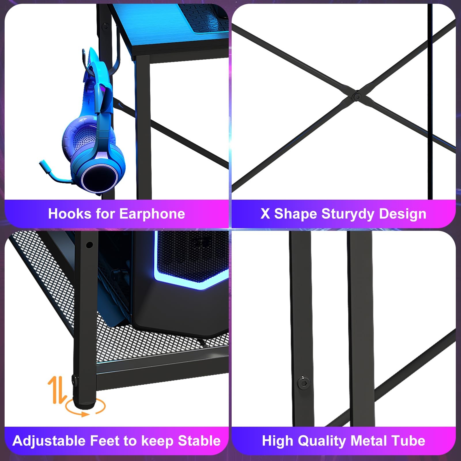 33.5″ Small Gaming Desk with LED Lights & Power Outlets, Compact Computer Desk