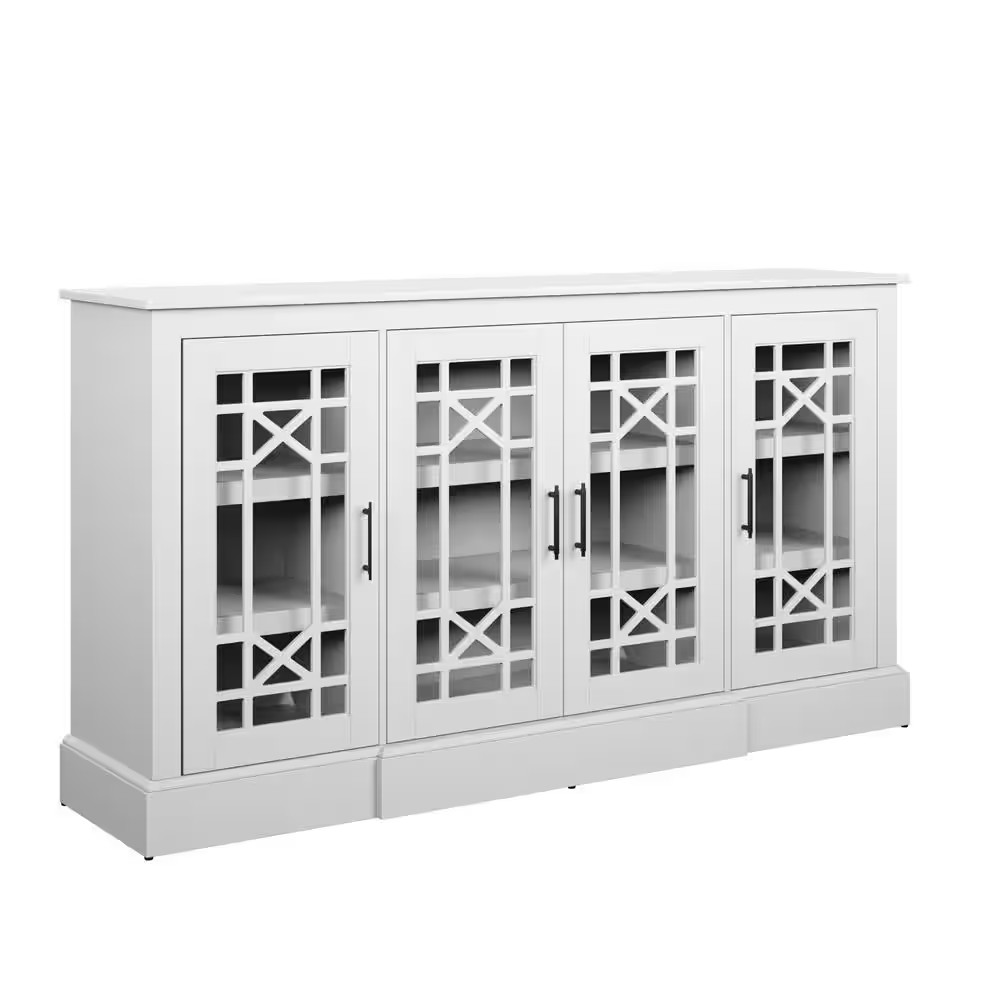 Brilliant White MDF 64 In. Buffet Sideboard with Decorative Glass Cabinet Doors