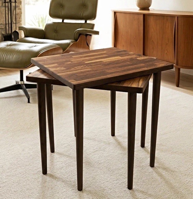 Set of 2 Square Nesting End & Side Tables, Medium Wood Tone Brown, Wood